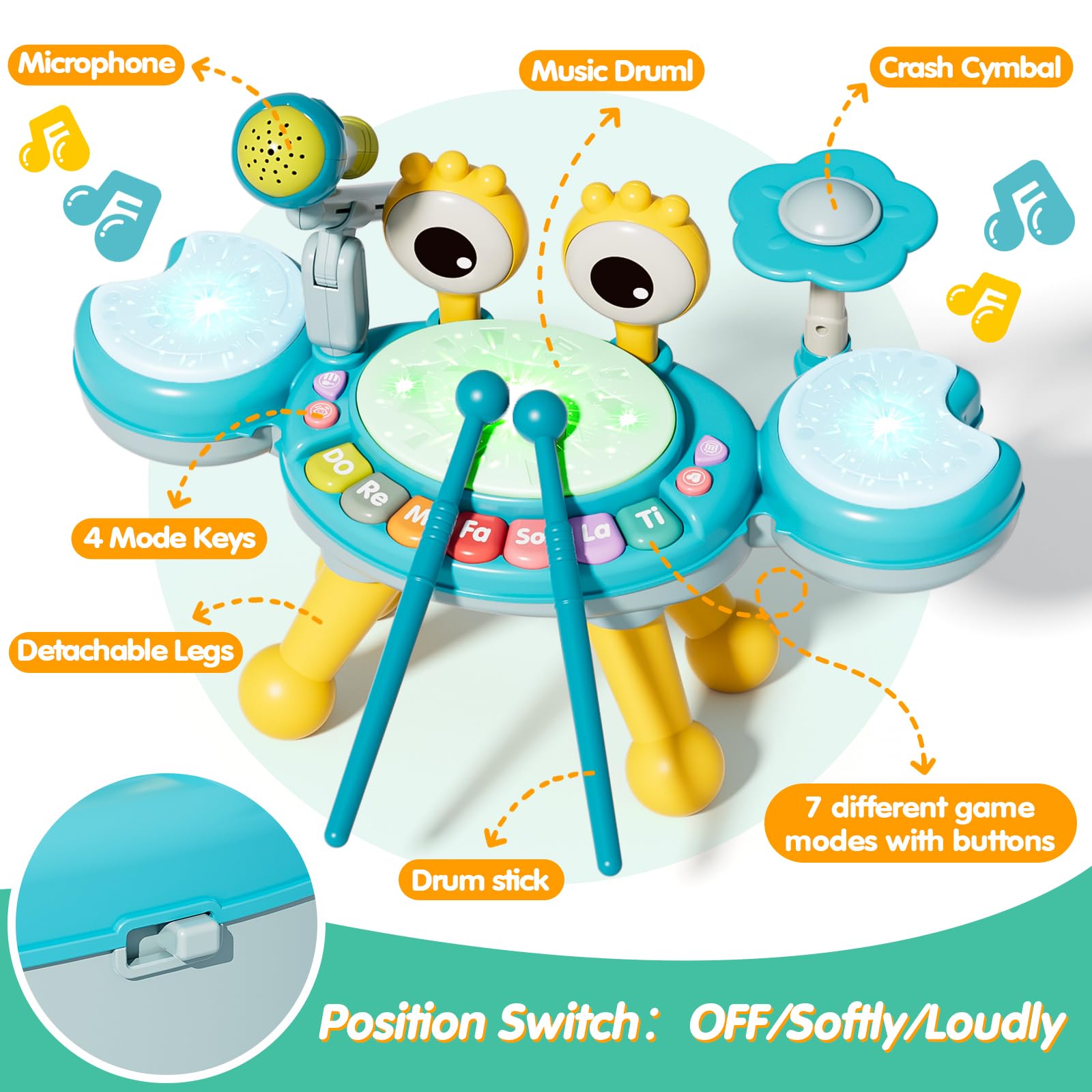 Zsinb detachable microphone on blue toddler drum set for singing play