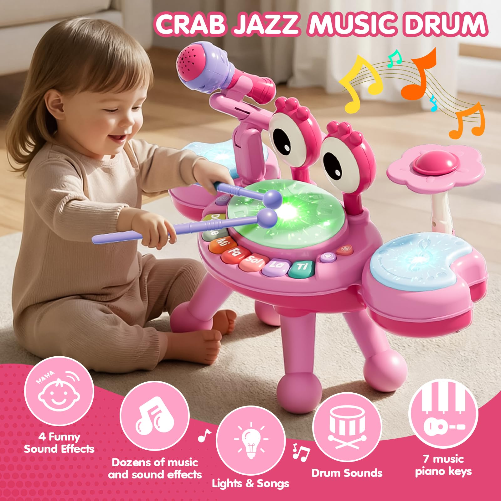 Zsinb toddler drum set pink with detachable microphone for sing-along play