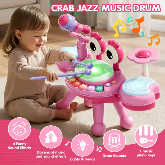Zsinb toddler drum set pink with detachable microphone for sing-along play