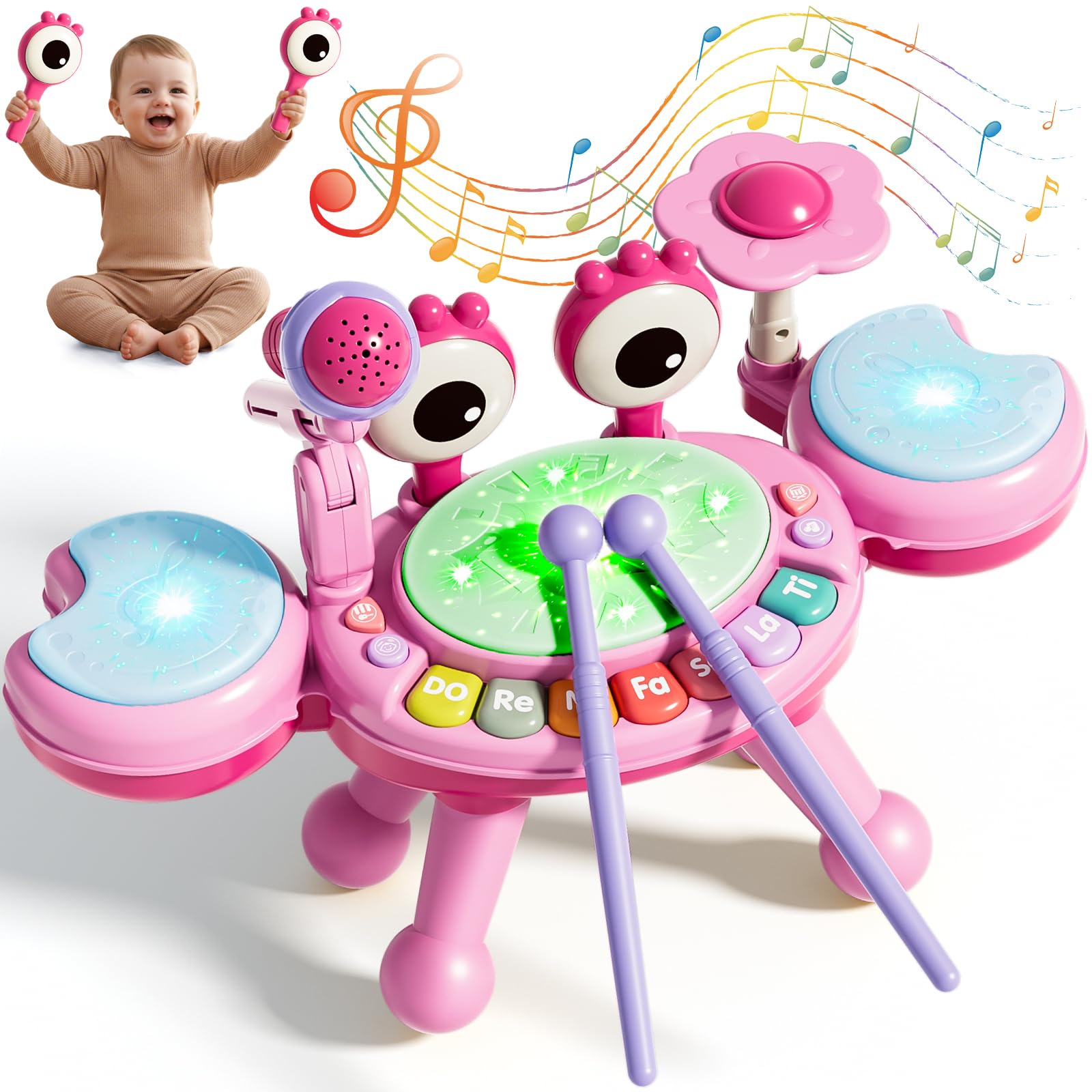 Zsinb toddler drum set pink front view with three drums and cymbal for ages 1–3