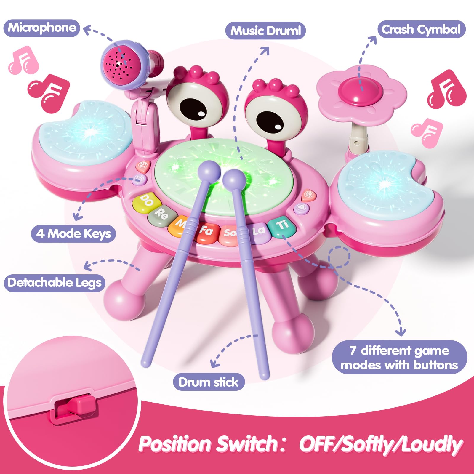 Zsinb pink crab drum set legs detached showing grow-along design