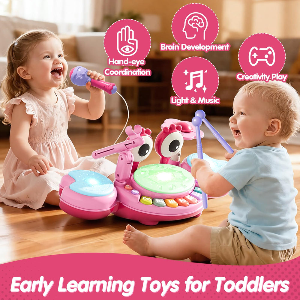 Zsinb pink drum set showing four instrument modes and music options