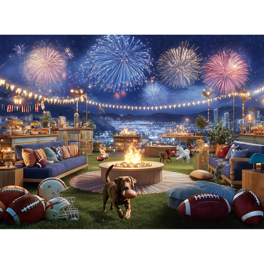 ZSYCZAO 500-piece puzzle featuring football rooftop party with fireworks, ideal for relaxed game nights.