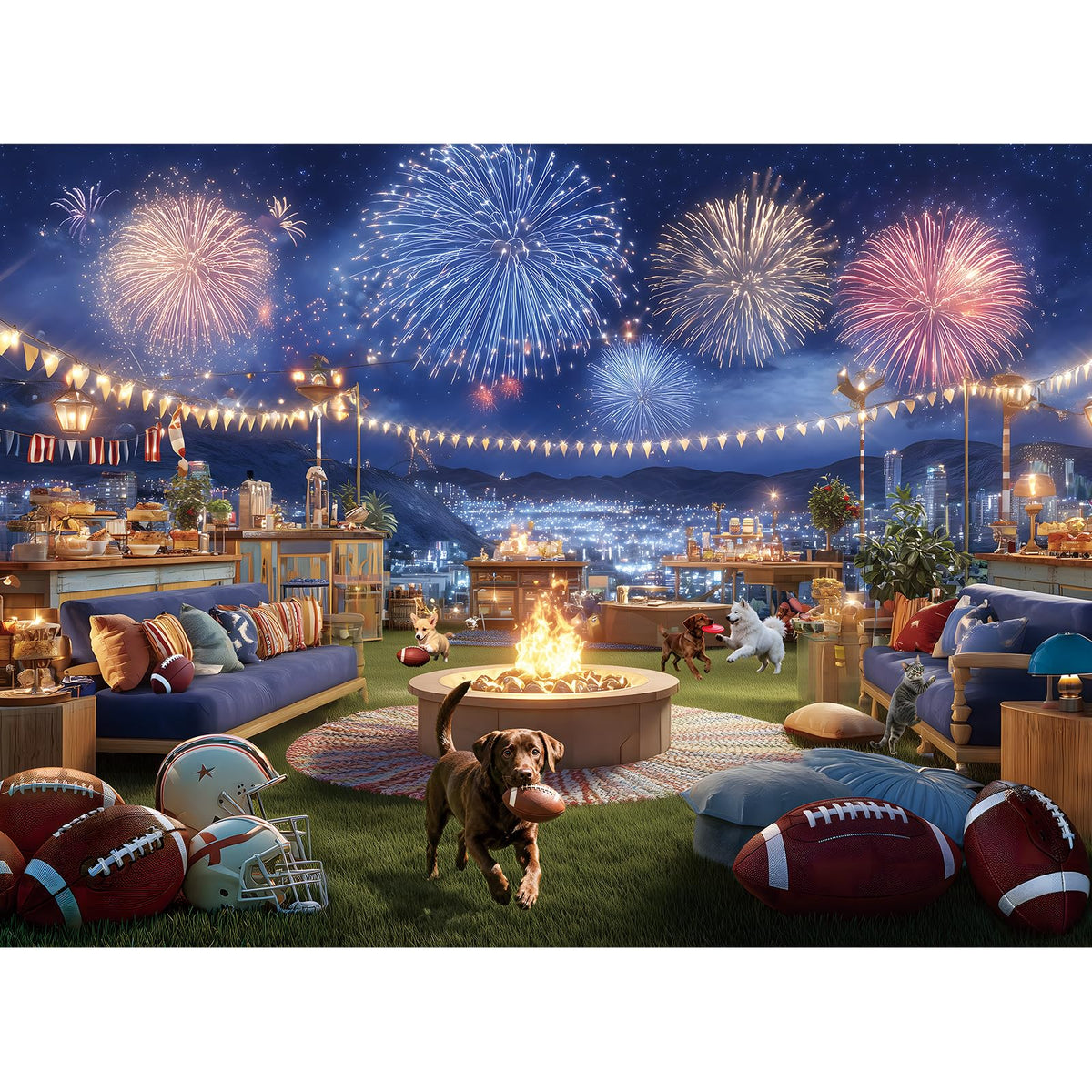 ZSYCZAO 500-piece puzzle featuring football rooftop party with fireworks, ideal for relaxed game nights.