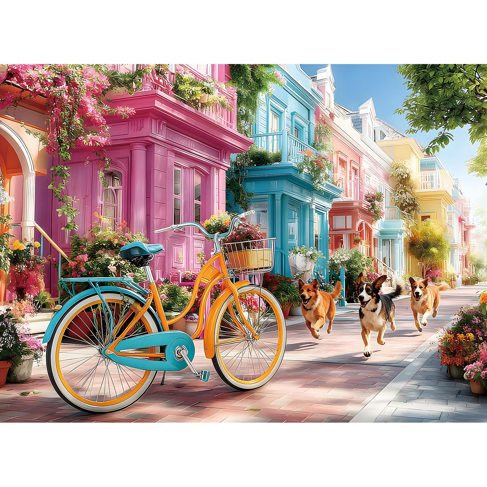 ZSYCZAO retro bicycle town dogs puzzle – vibrant details for relaxing evenings.