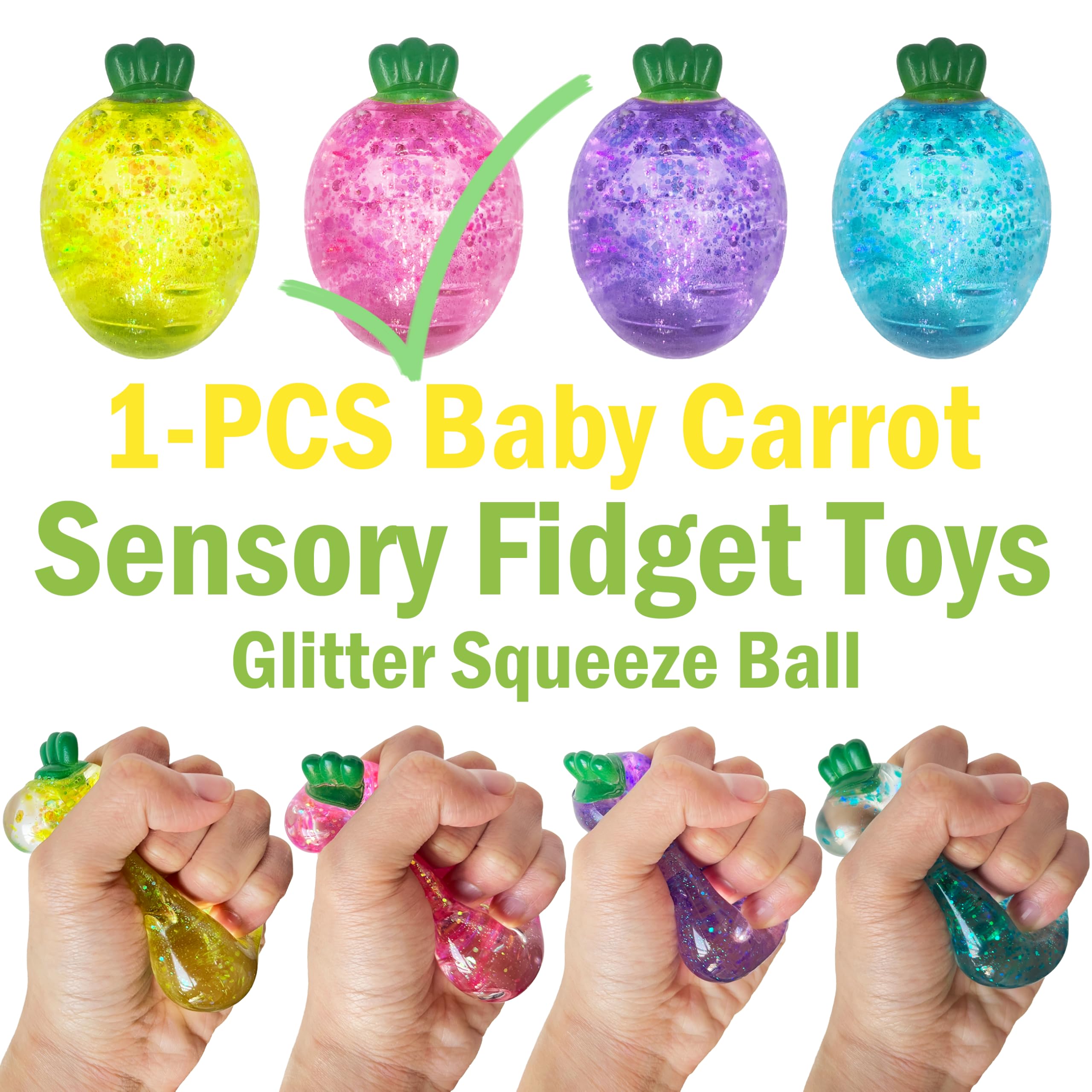 ZTATU Baby Carrot Squishy Toy side view, portable fidget for calm focus at work or class