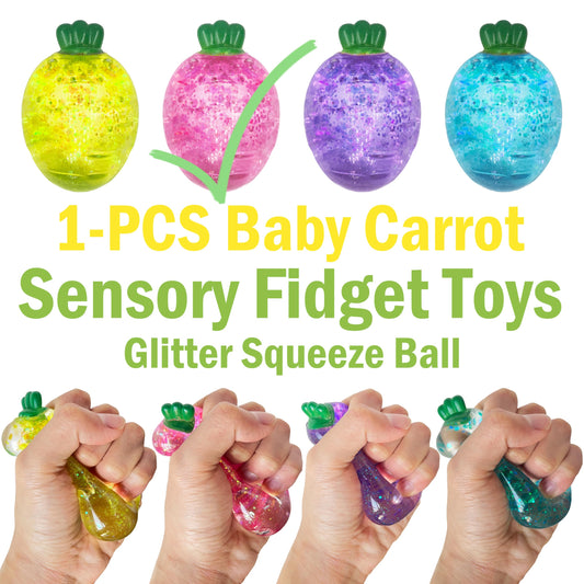 ZTATU Baby Carrot Squishy Toy side view, portable fidget for calm focus at work or class