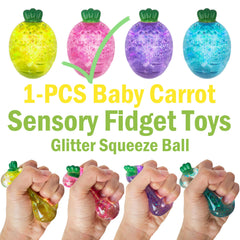 ZTATU Baby Carrot Squishy Toy side view, portable fidget for calm focus at work or class