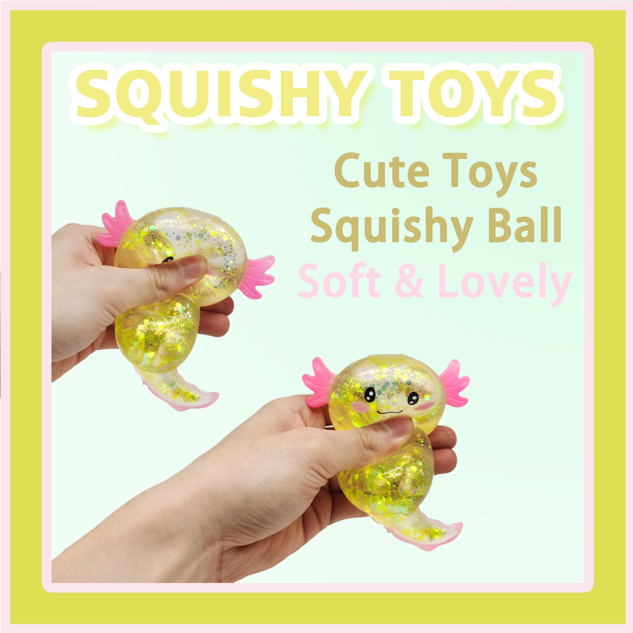 ZTATU colorful axolotl squishy in hand ready for squeeze.