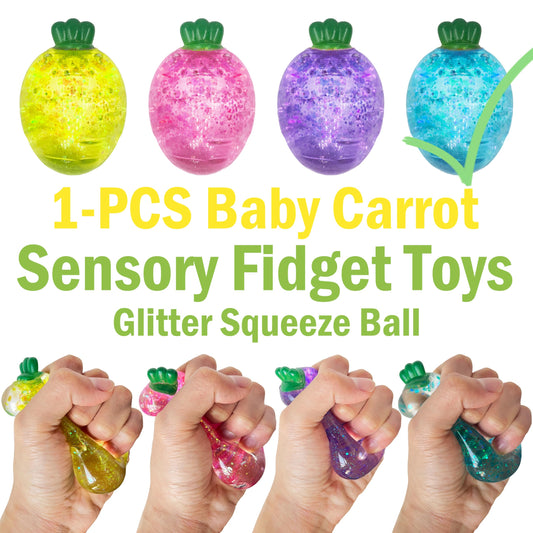 ZTATU Glitter carrot squishy ball showcasing tactile exploration and stress relief.