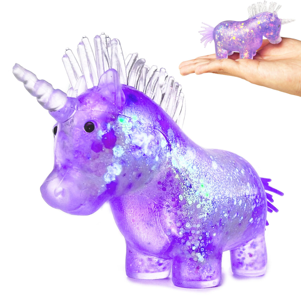 ZTATU Unicorn Glitter Squishy Ball in purple focuses on kids with on the go stress relief.