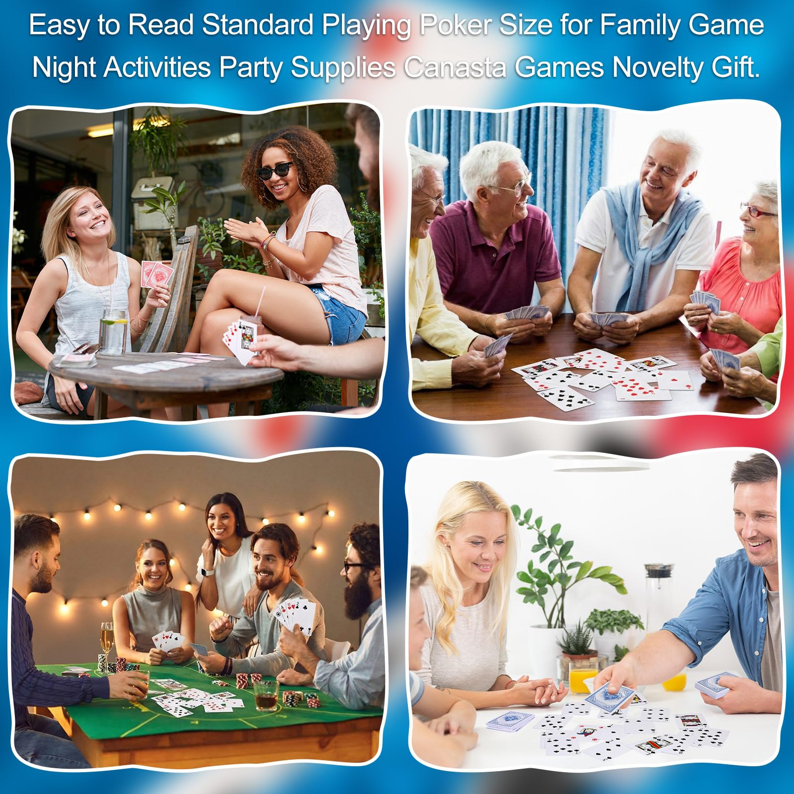 Quality paper stock with blue core offers durable feel and smooth shuffling