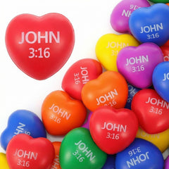 Zubebe valentines heart stress ball set featuring John 3:16 for inspirational gifting.