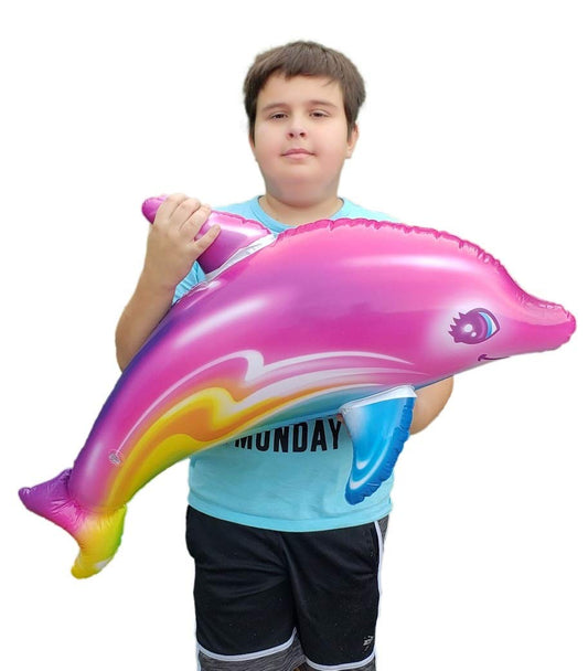Zugar Land pink rainbow dolphin inflatable deflated for easy transport and quick setup.