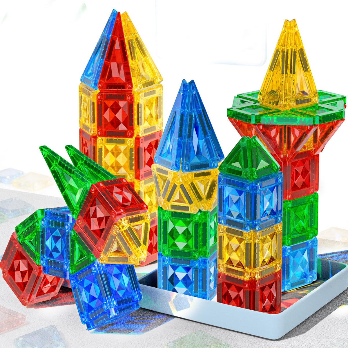 Zupooko 60-piece magnetic tiles with diamond-cut edges for vibrant light reflection