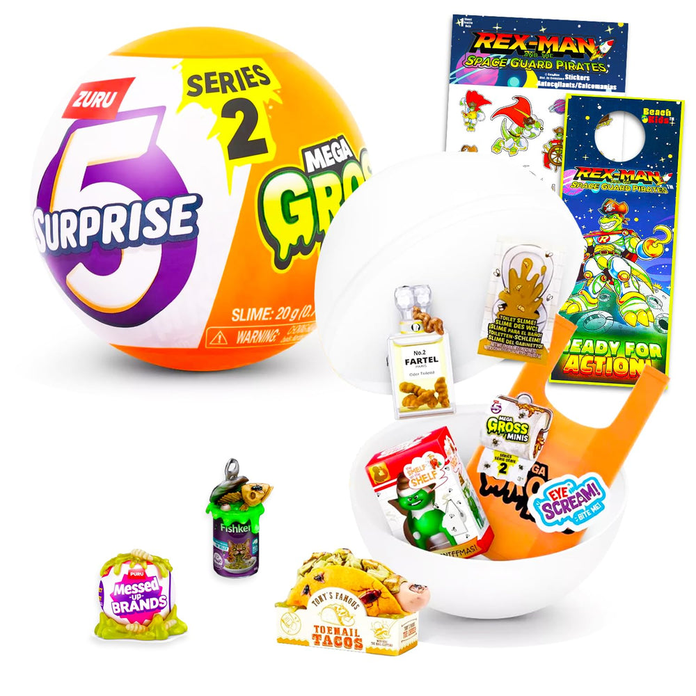 Zuru 5 Surprise Mega Gross Series 2 mystery ball showing five tiny gross-themed toy figures