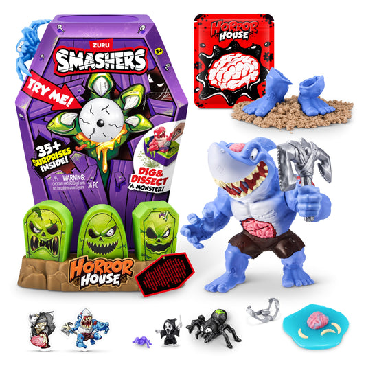 ZURU Smashers Mega Horror House blue coffin opening reveals surprises for imaginative play.