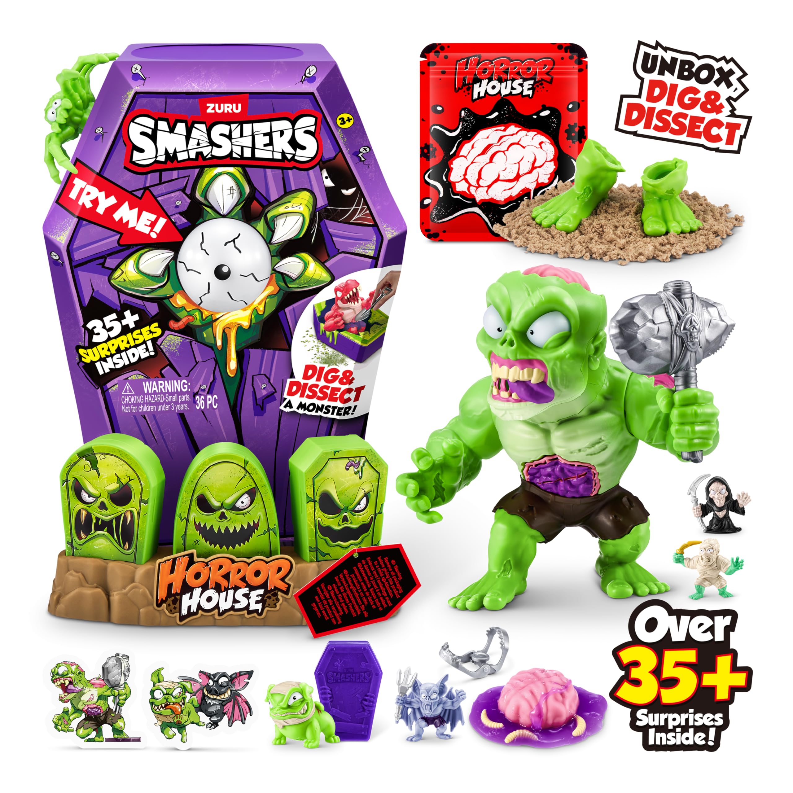 ZURU Smashers Mega Horror House eye-in-head lights enhance spooky ambience.