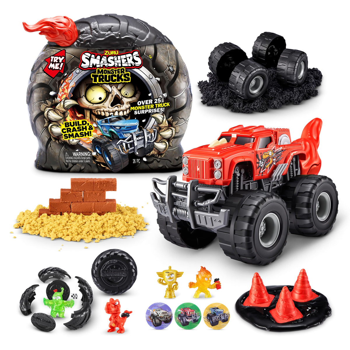 ZURU SMASHERS Monster Wheels Red Flame Pack cover shows exciting unboxing and collectible surprises.