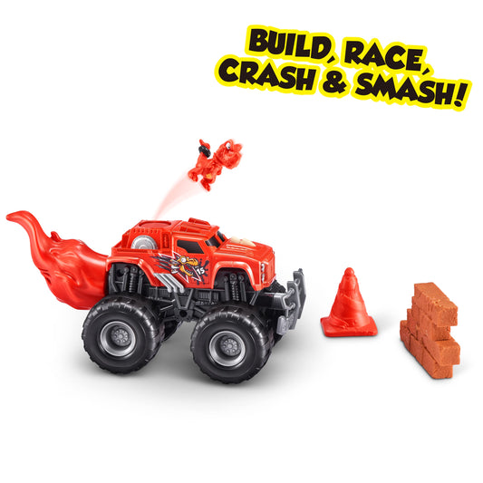 ZURU SMASHERS Monster Wheels Red Flame Pack opened, revealing surprises and buildable parts.