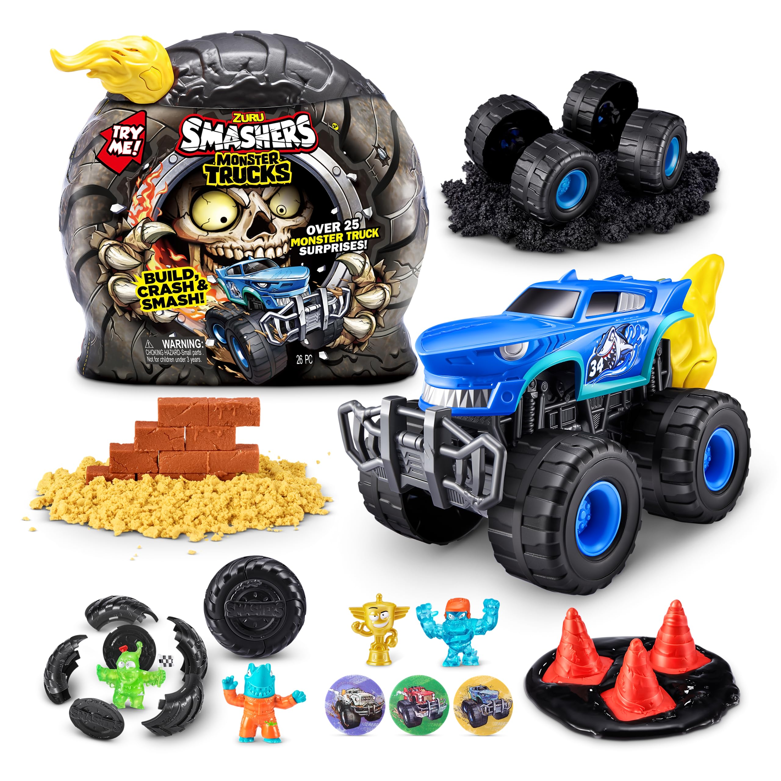 ZURU Smashers Monster Wheels Yellow Flame mystery pack highlights vivid packaging and exciting surprises.