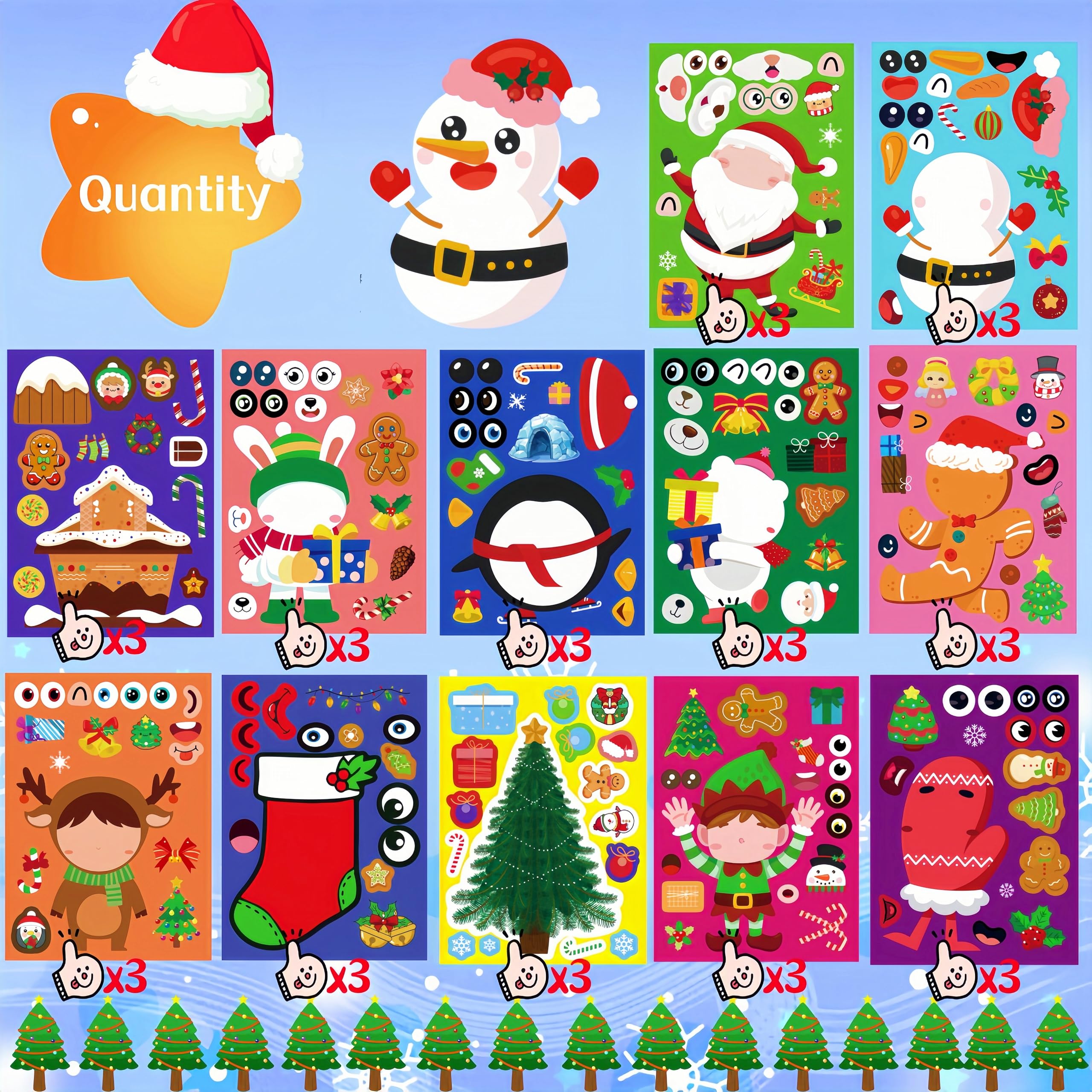 Zuxedle snowman and tree stickers, durable vinyl for windows, notebooks, and classroom decorations.