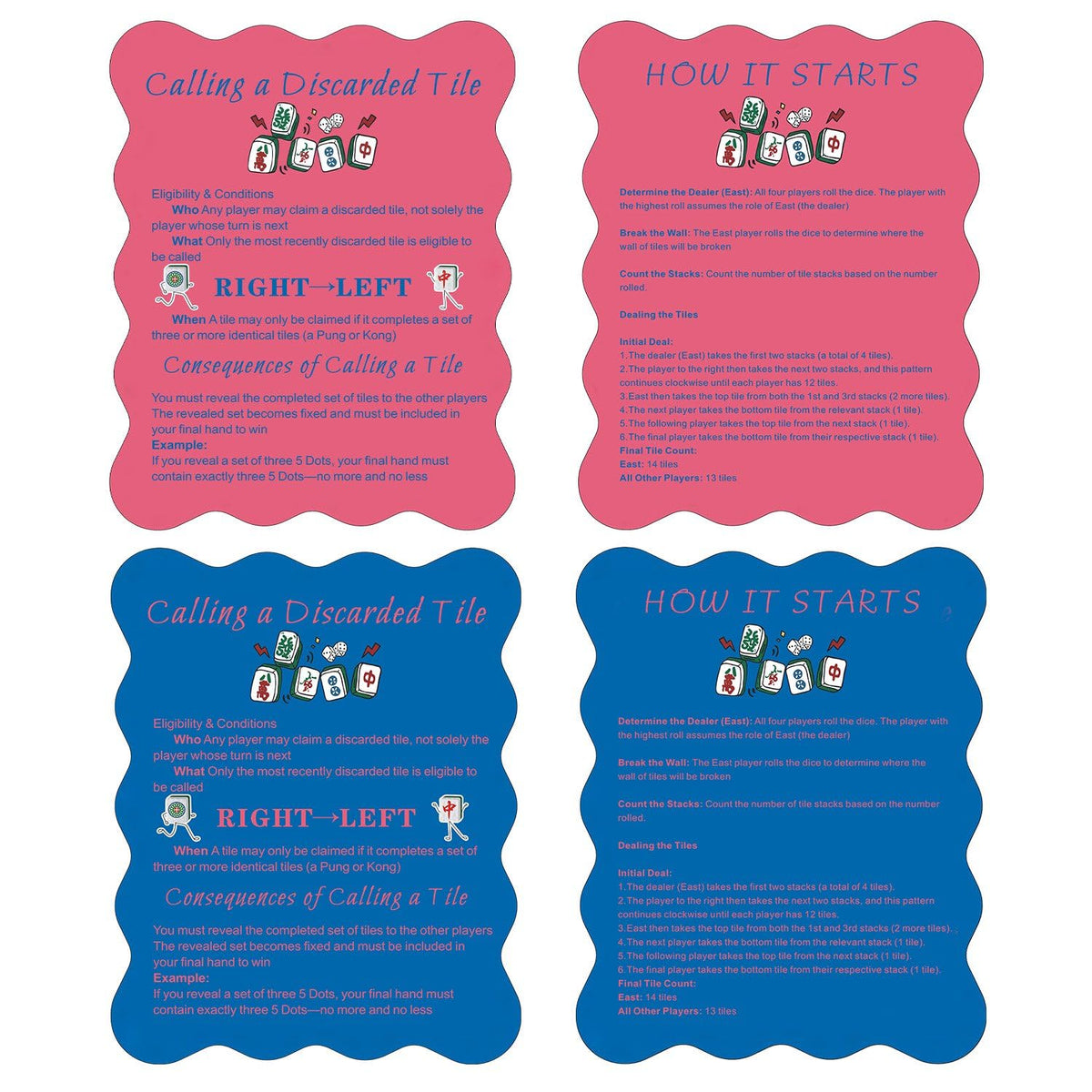 ZWFCGMMBC mahjong shufflers with printed rules for quick reference during play.