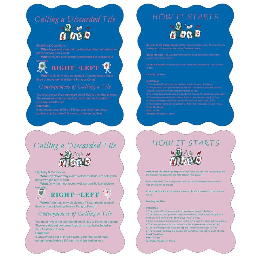 ZWFCGMMBC Mahjong shufflers with printed rules for quick in-game reference.
