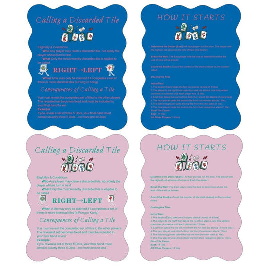 ZWFCGMMBC Mahjong shufflers with printed rules for quick in-game reference.