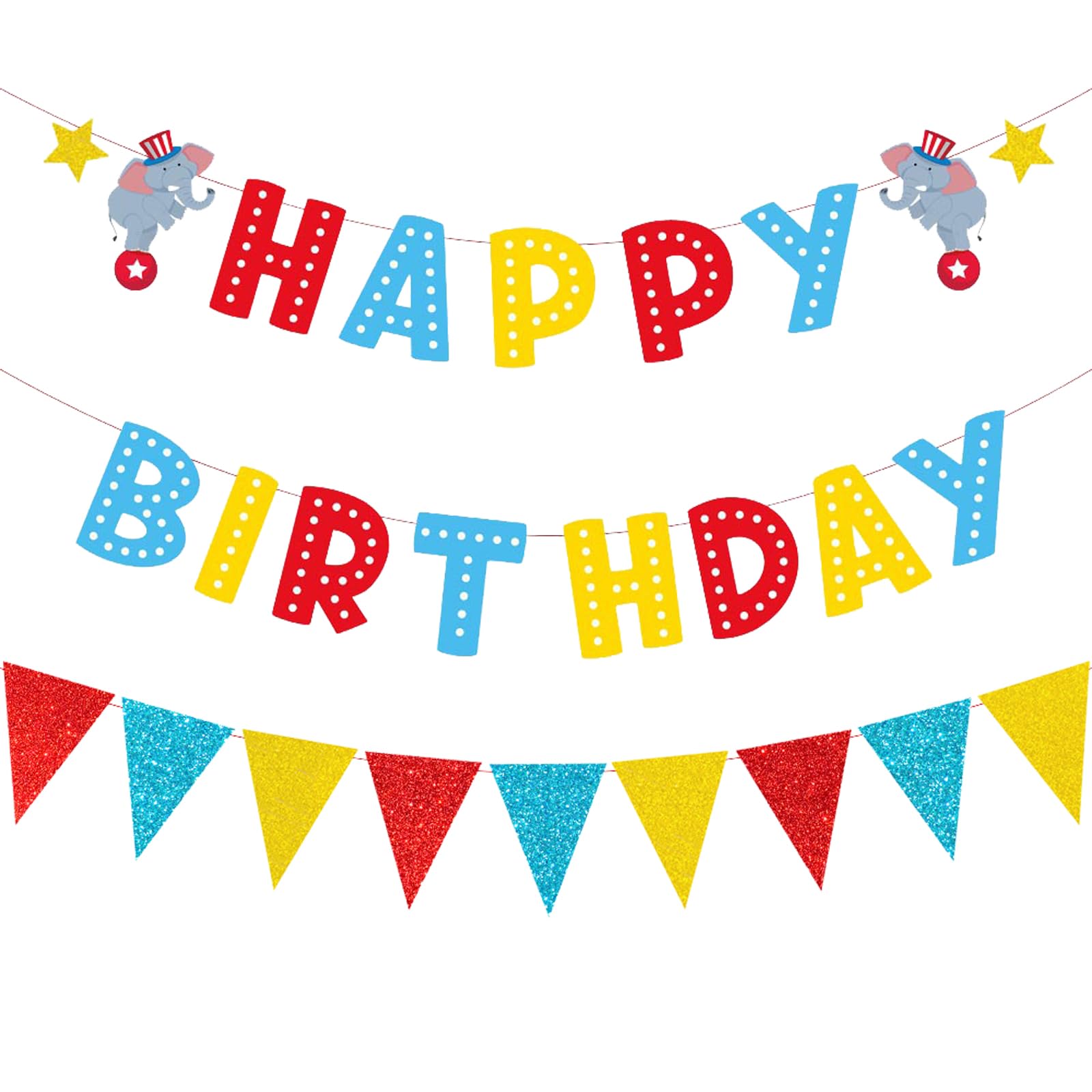 Zwiebeco red blue yellow birthday banner triangle flags for festive celebrations.