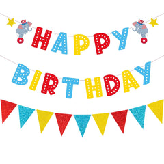 Zwiebeco red blue yellow birthday banner triangle flags for festive celebrations.
