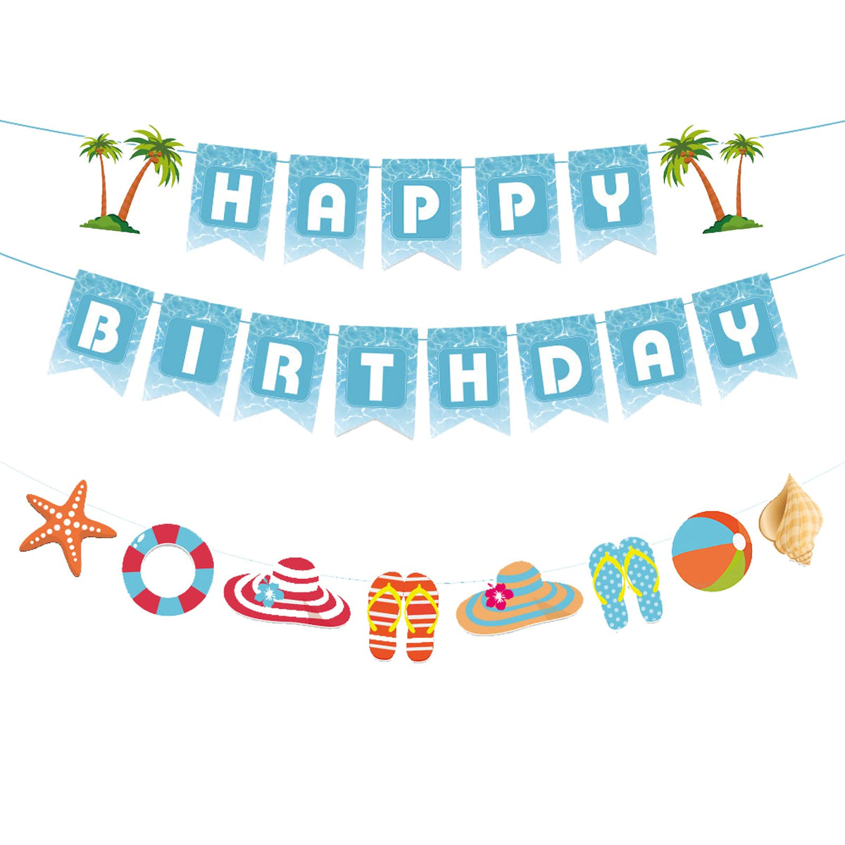 Zwiebeco seaside birthday banner in blue and white creates festive beach vibes.