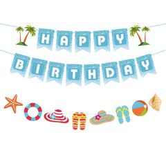 Zwiebeco seaside birthday banner in blue and white creates festive beach vibes.