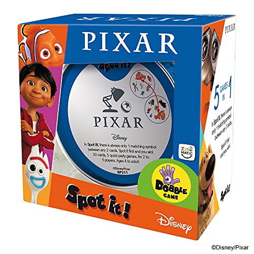 Zygomatic Spot It! World of Pixar Woody card boosts fast symbol matching during play.