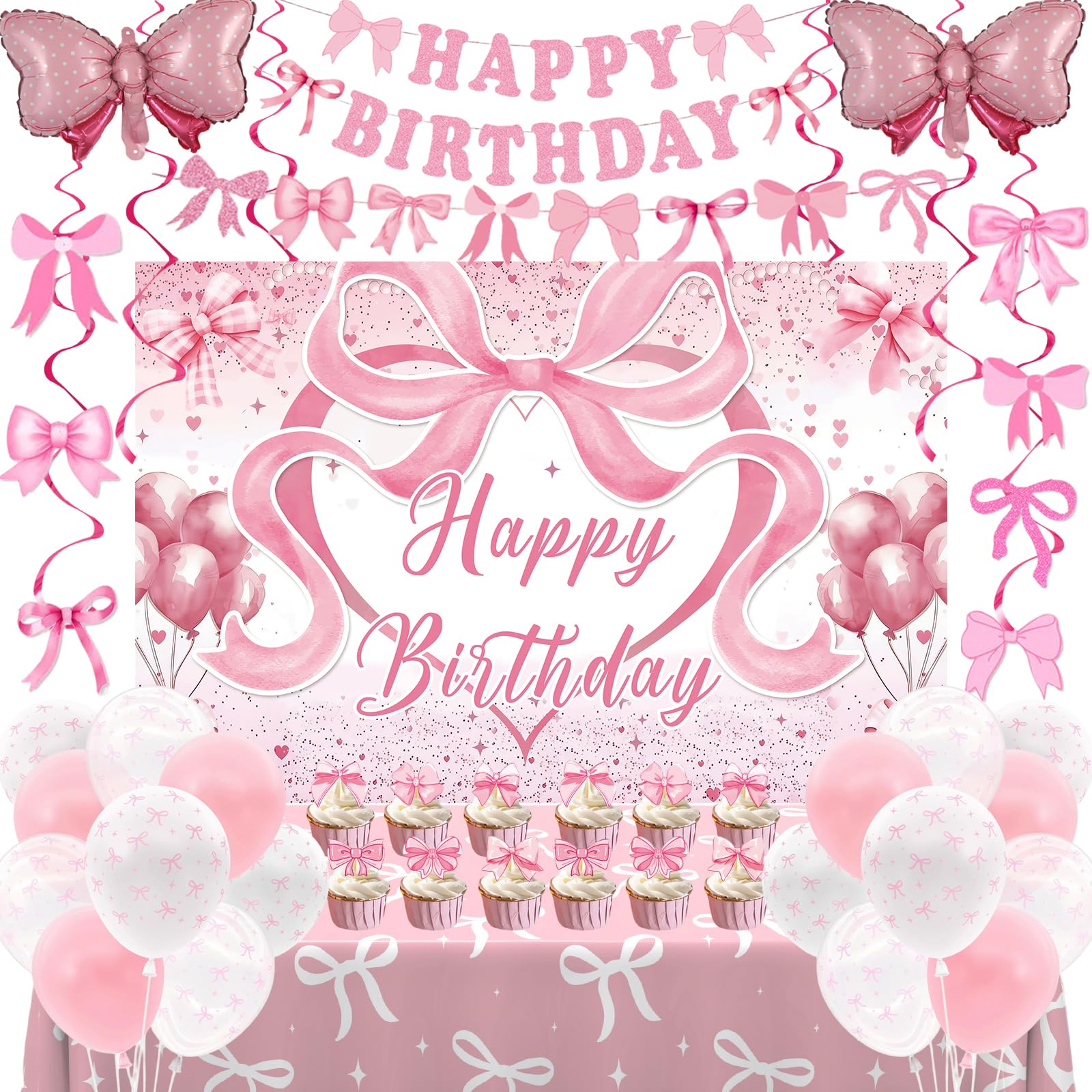 Zyikoch pink bow banner brightens the party backdrop for photos.
