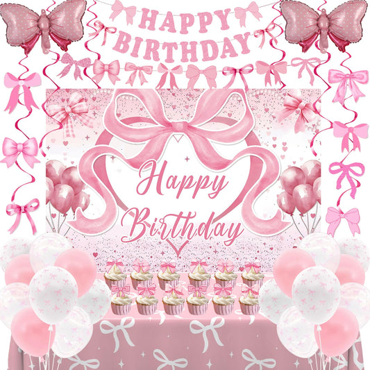 Zyikoch pink bow banner brightens the party backdrop for photos.