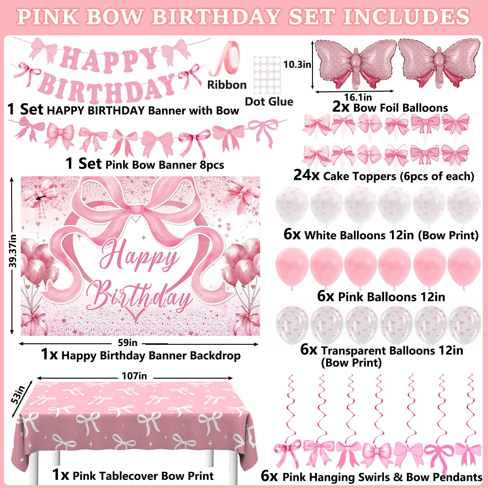 Zyikoch pink bow birthday banner flags add cohesive color accents.