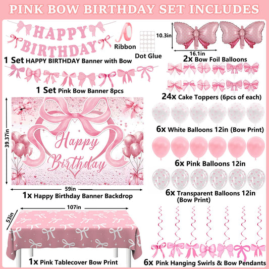 Zyikoch pink bow birthday banner flags add cohesive color accents.