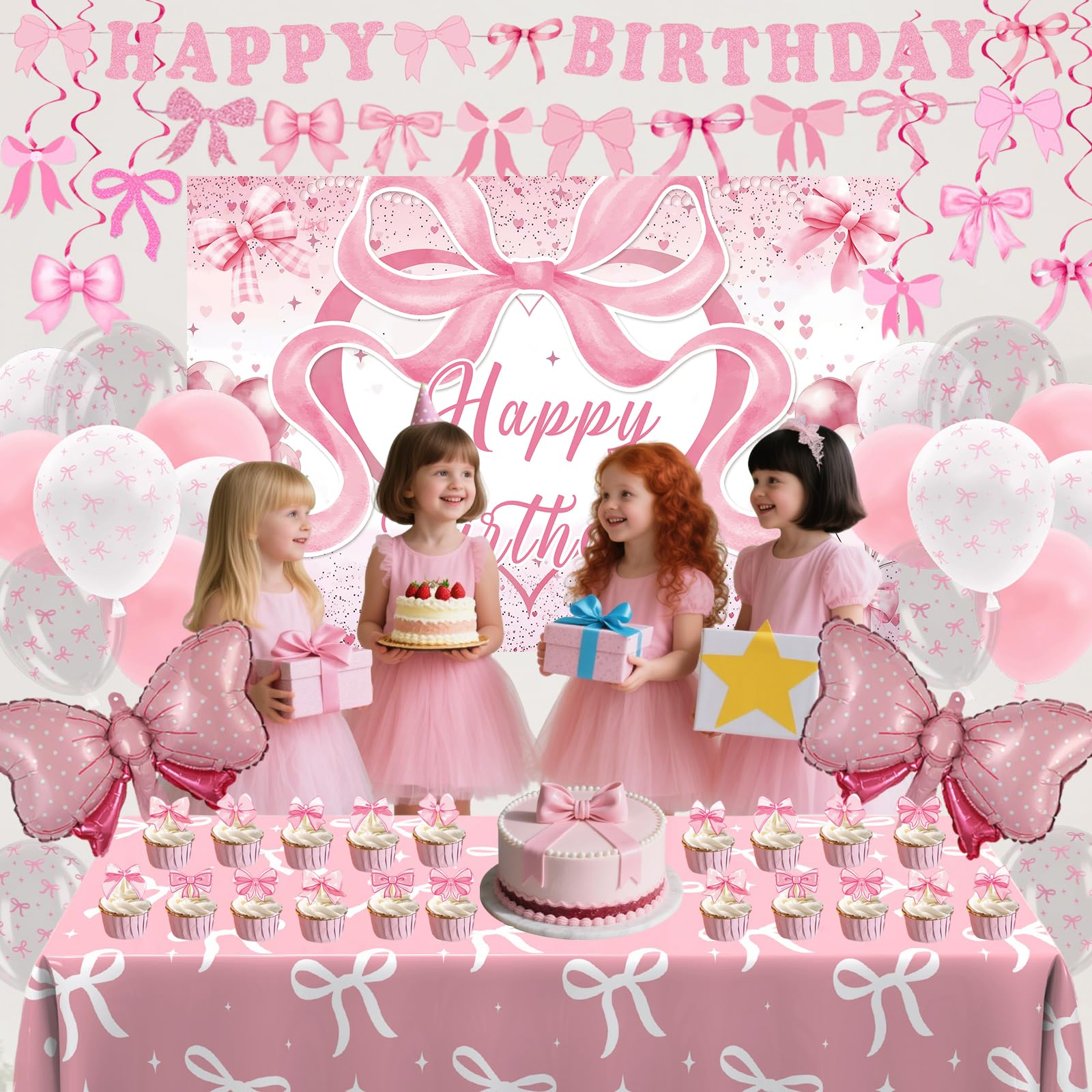 Zyikoch pink bow tablecloth protects surfaces while decorating.