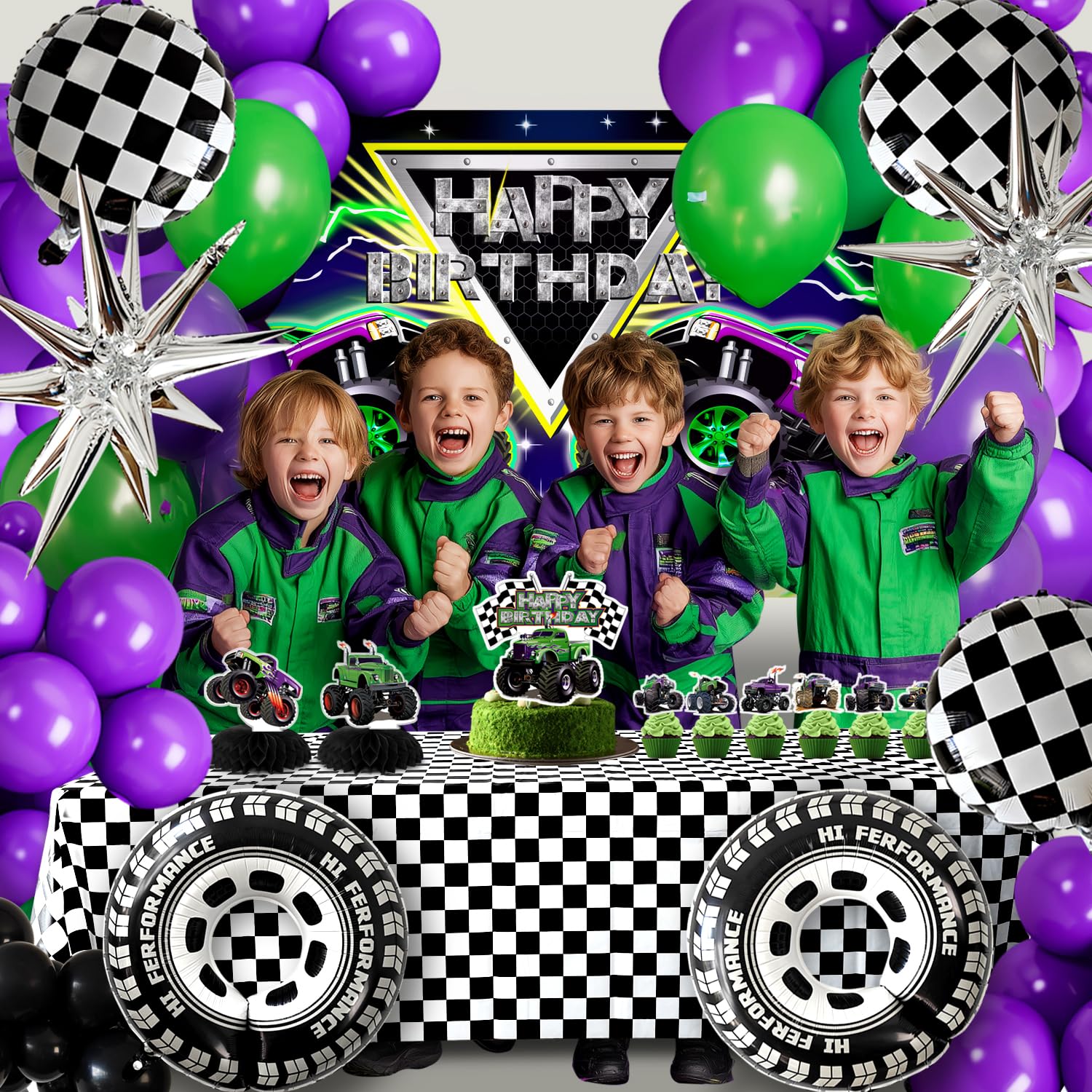 Zylarithon truck-themed backdrop sets the scene for a monster truck celebration.