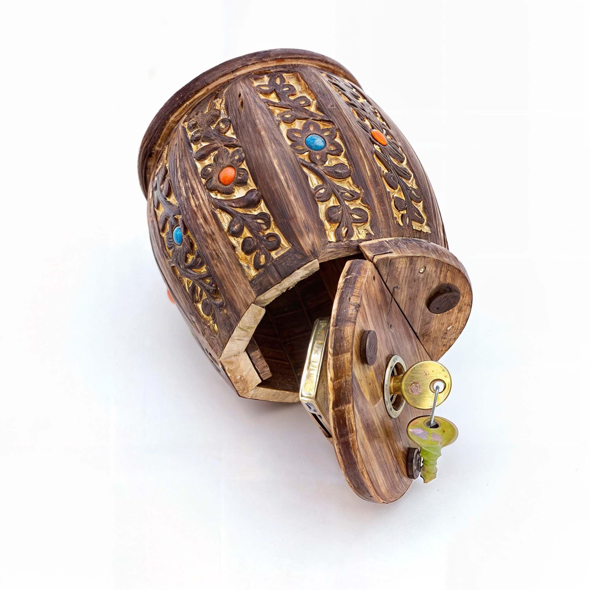 ZYNTIX handmade craftsmanship closeup shows detailed woodwork and antique charm.