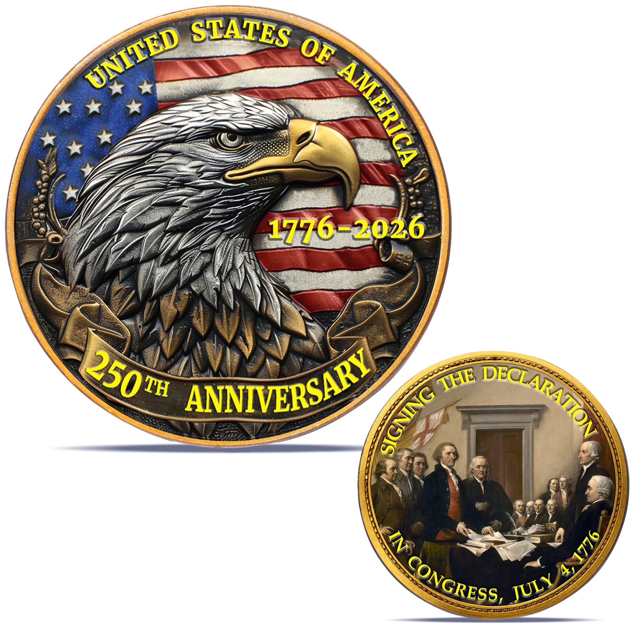 Zyviacy USA 250th eagle coin close-up for display and collection.