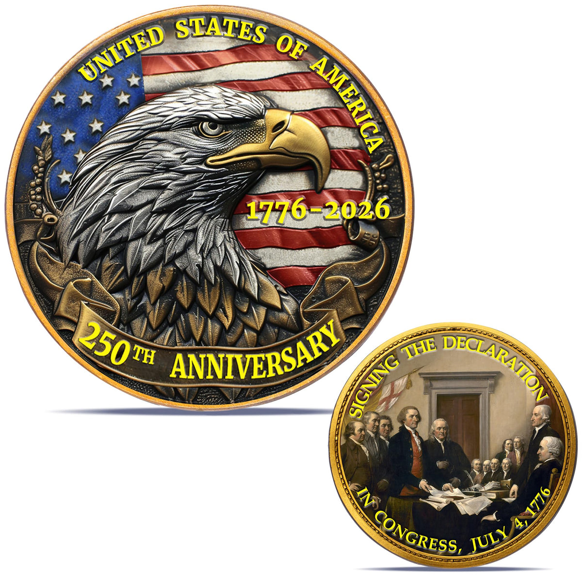 Zyviacy USA 250th eagle coin close-up for display and collection.